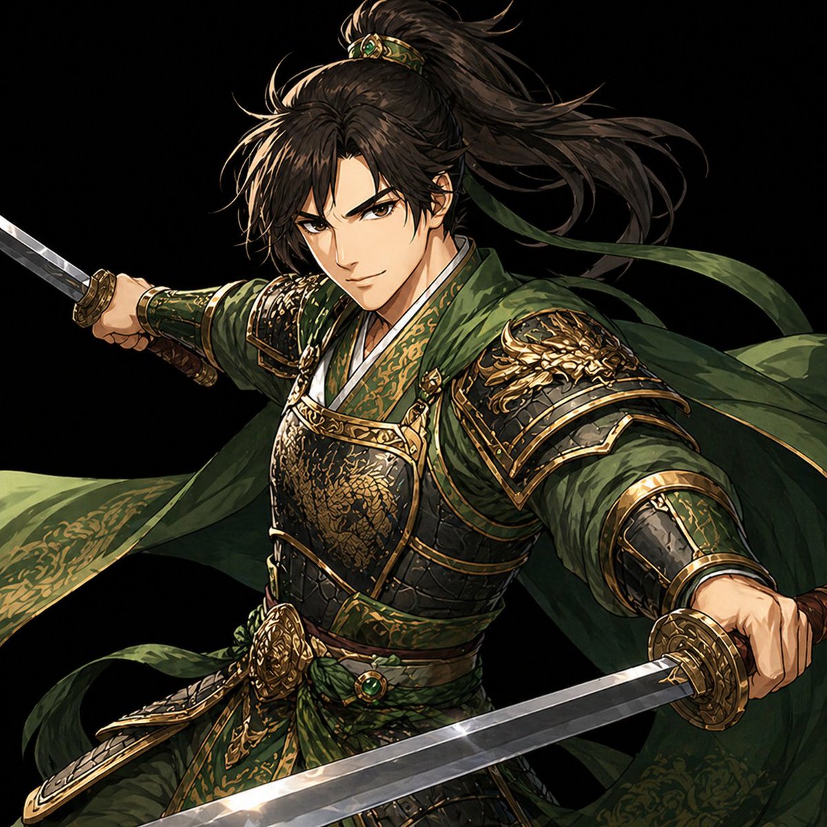 界面稿 GPT Image 2 提示词：Green Armored Dual-Sword Warrior