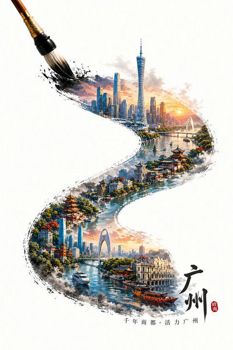 产品视觉 GPT Image 2 提示词：Guangzhou Ink Brush Travel Poster