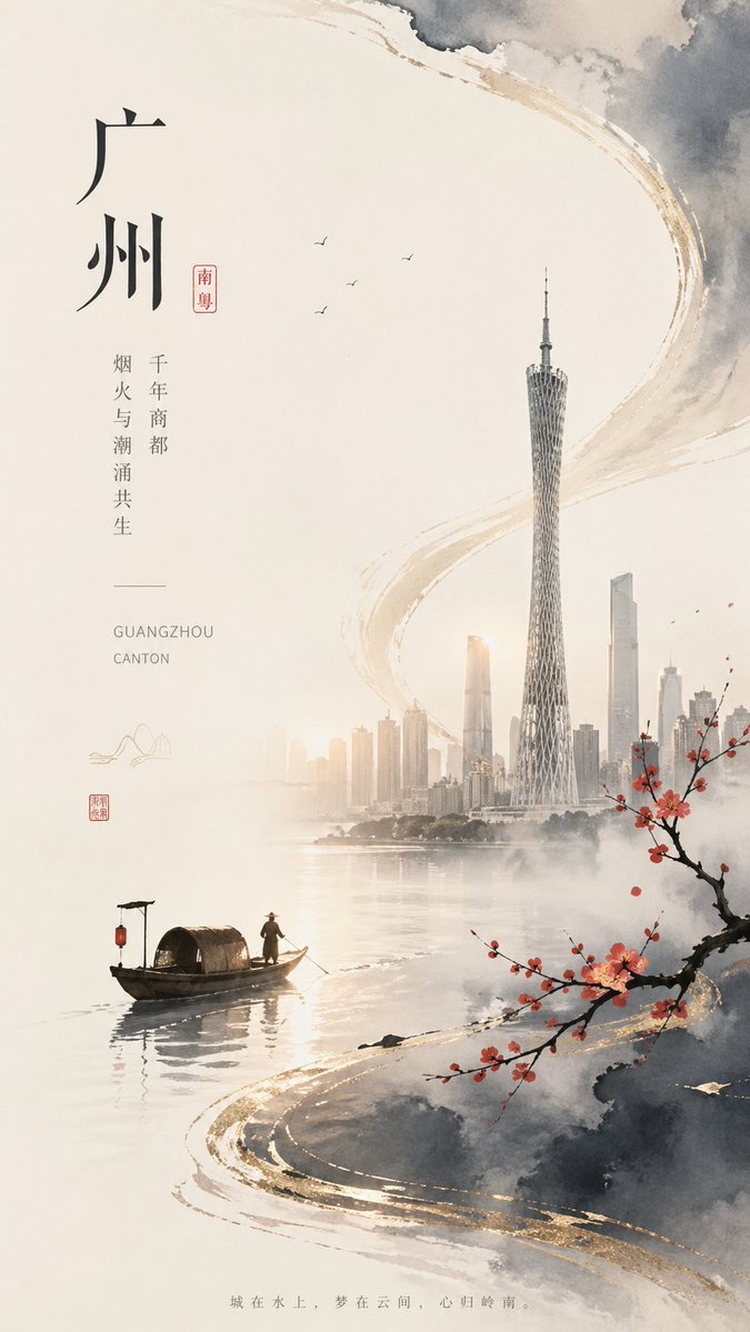 产品视觉 GPT Image 2 提示词：Guangzhou Ink-Wash City Poster