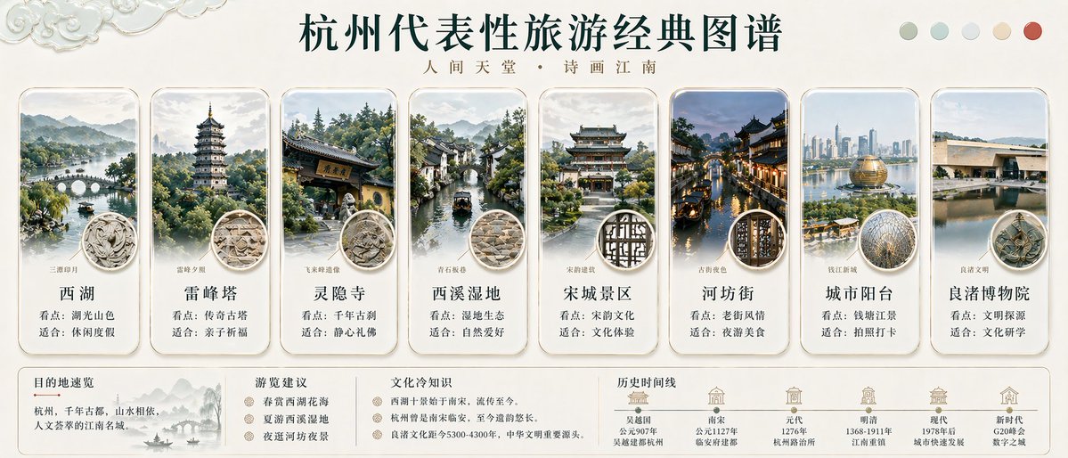 产品视觉 GPT Image 2 提示词：Hangzhou Travel Infographic Poster