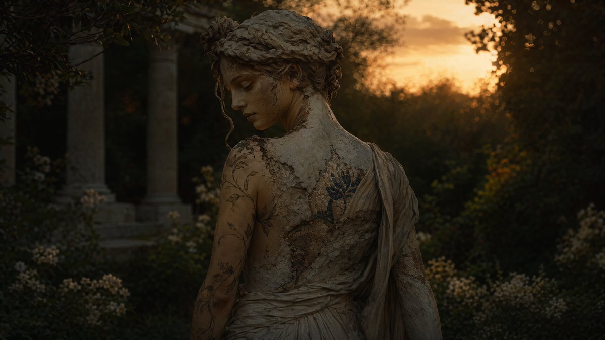 界面稿 GPT Image 2 提示词：Haunting Statue Woman at Sunset