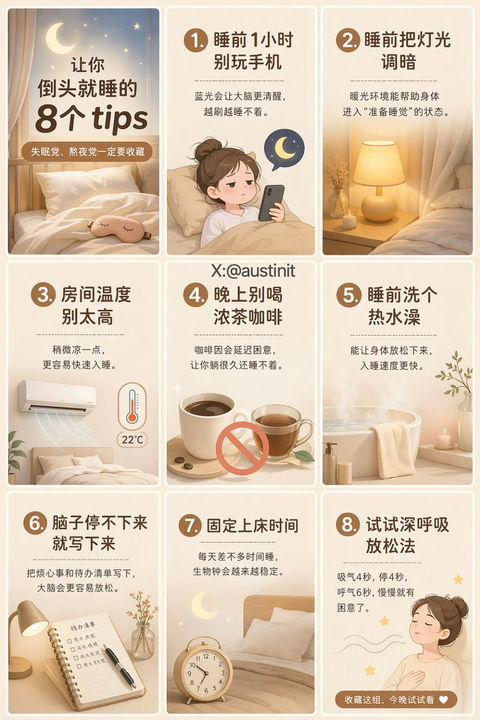 产品视觉 GPT Image 2 提示词：治愈系助眠指南九宫格
