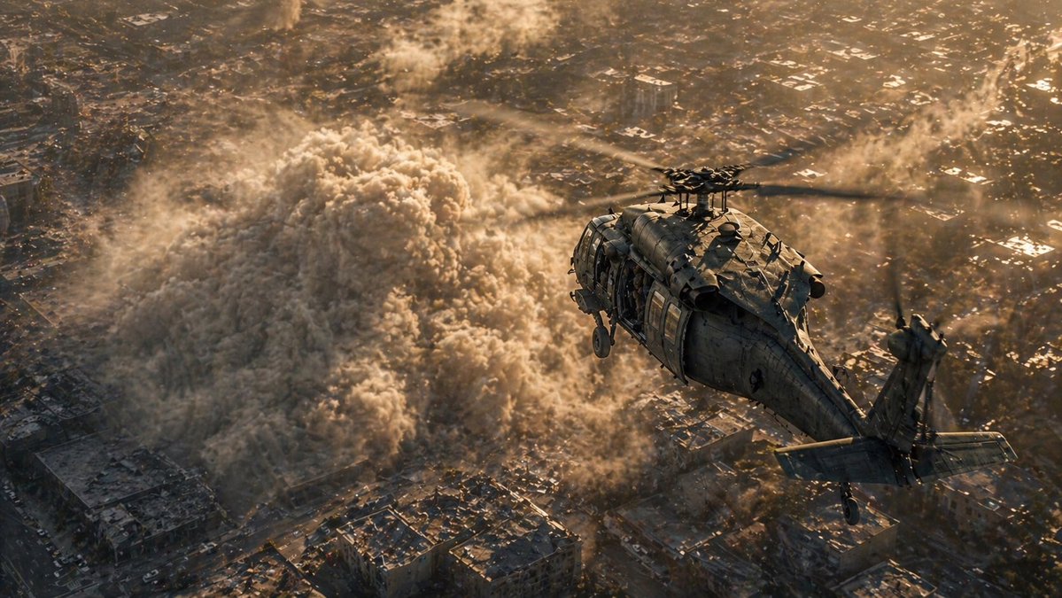 界面稿 GPT Image 2 提示词：Helicopter Over Urban Dust Cloud