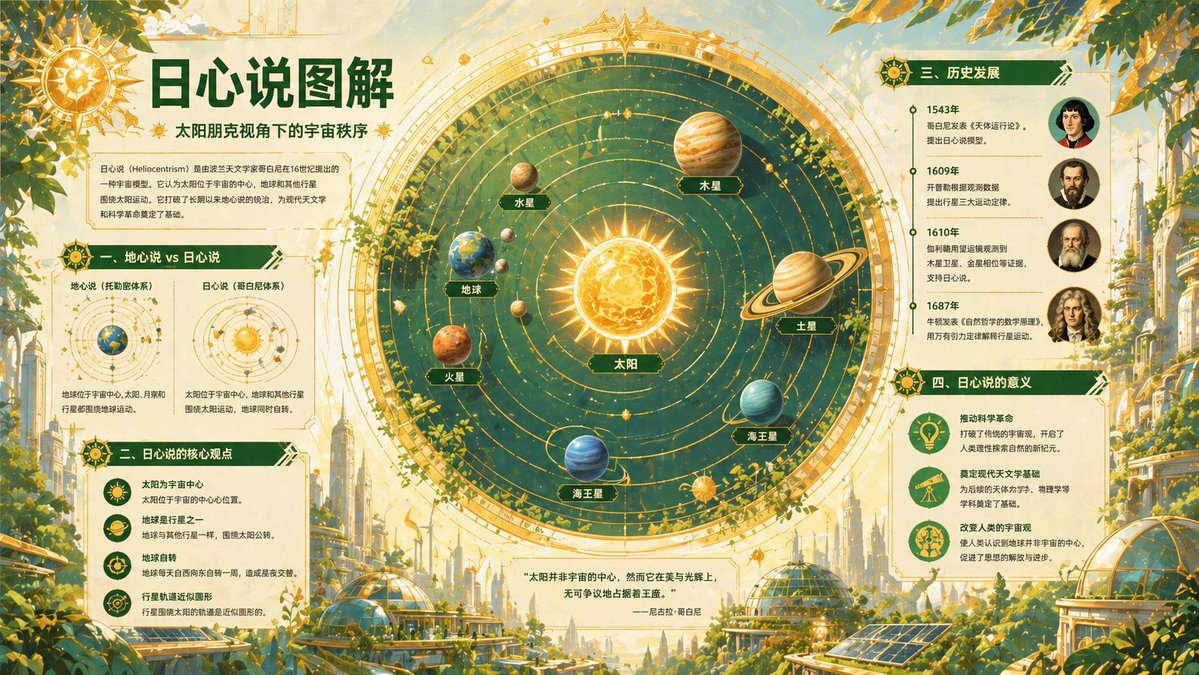 产品视觉 GPT Image 2 提示词：Heliocentric Theory Infographic Poster