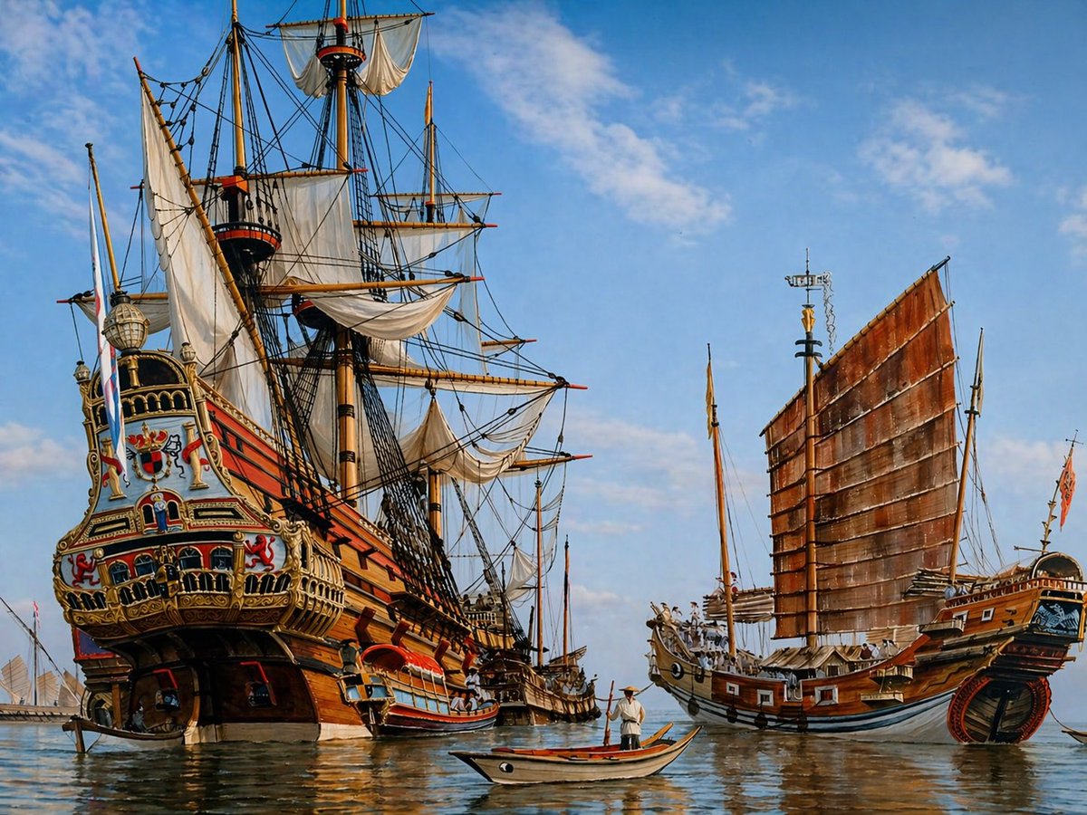 故事绘本 GPT Image 2 提示词：Historic Galleon and Chinese Junk