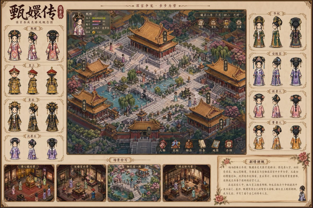 角色设定 GPT Image 2 提示词：Historical drama pixel art concept