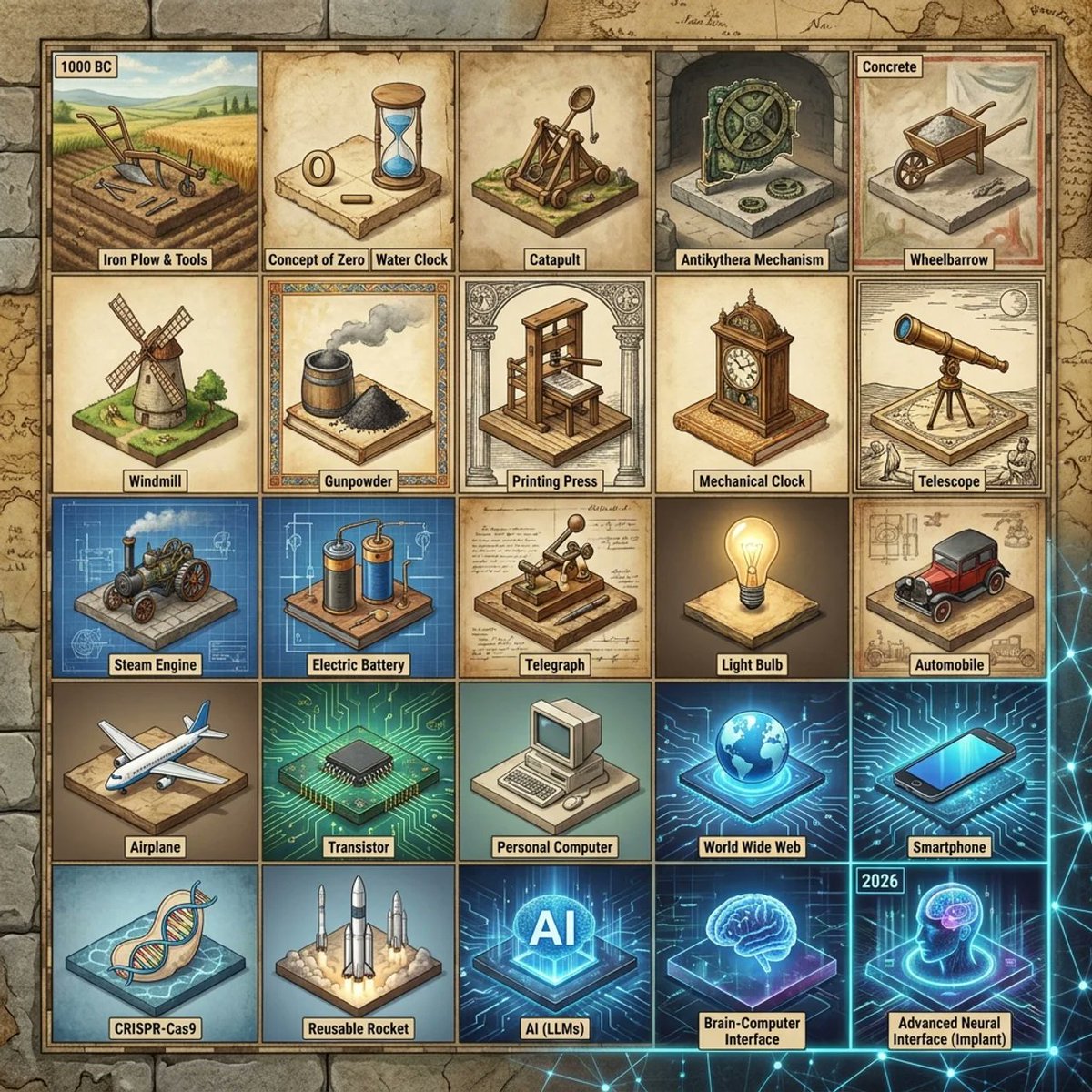 产品视觉 GPT Image 2 提示词：Historical Invention Timeline Grid