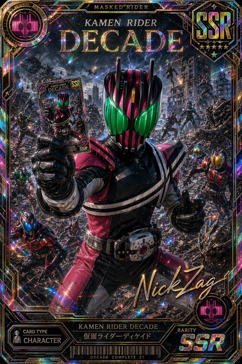 产品视觉 GPT Image 2 提示词：Holographic Kamen Rider Decade SSR Card