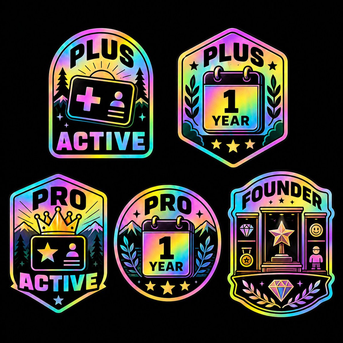 界面稿 GPT Image 2 提示词：Holographic Membership Badge Set