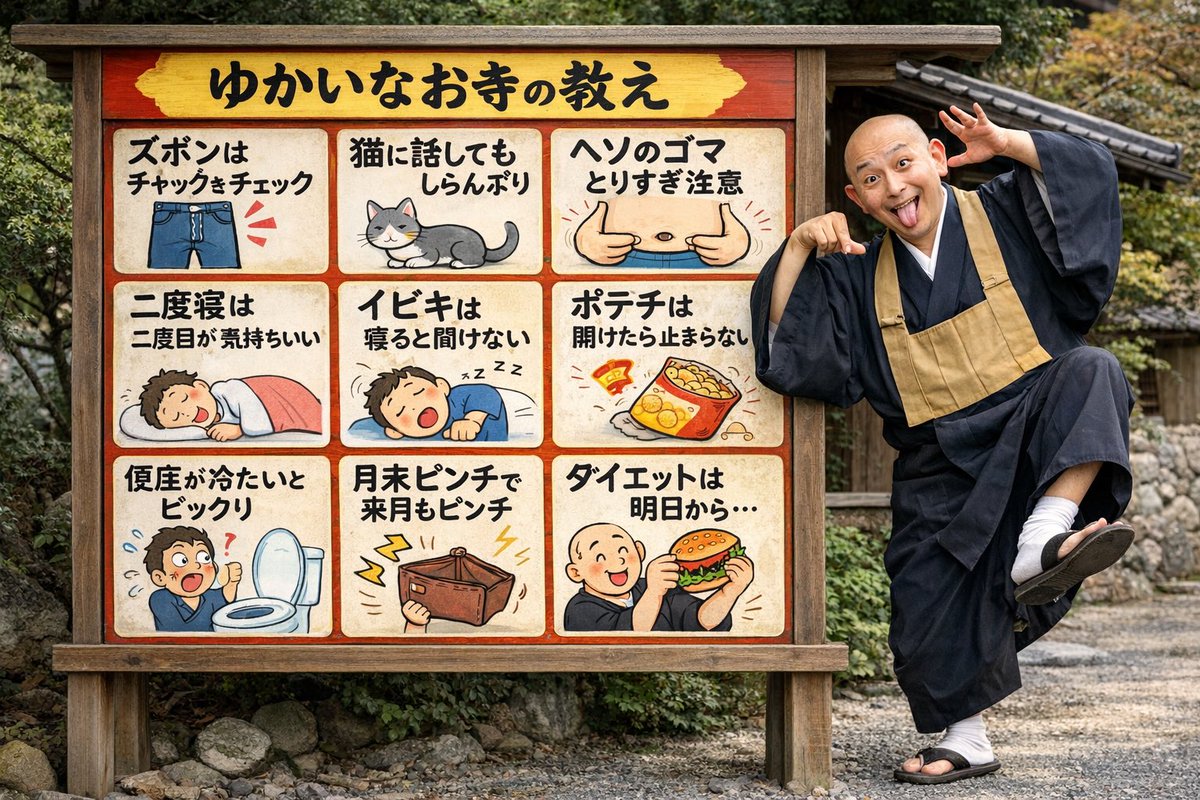 故事绘本 GPT Image 2 提示词：Humorous Temple Signboard with Goofy Monk
