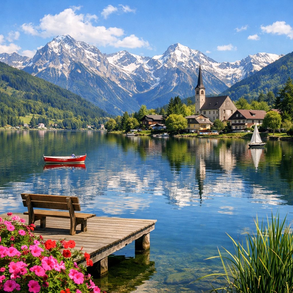 界面稿 GPT Image 2 提示词：Idyllic Alpine Lake Village Landscape
