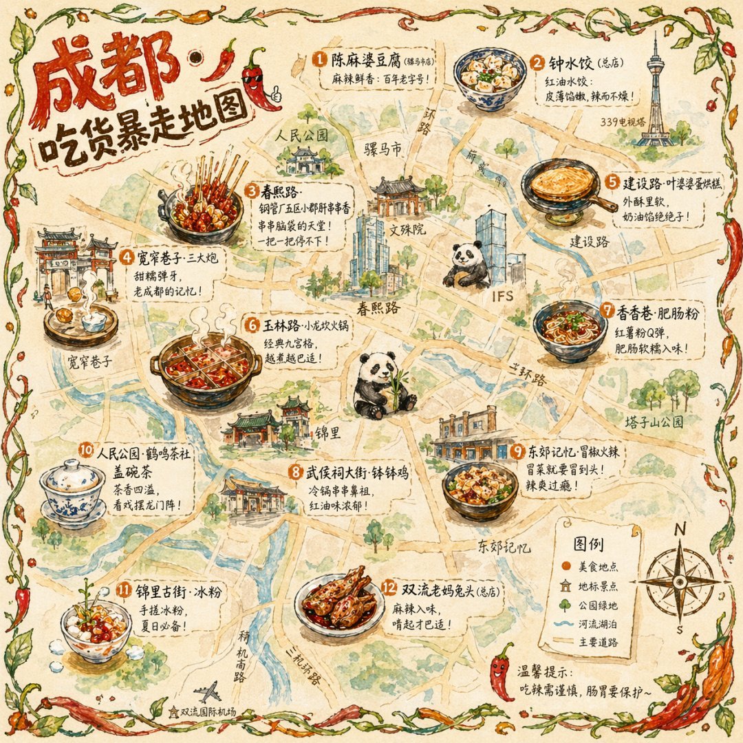 信息图 GPT Image 2 提示词：Illustrated City Food Map