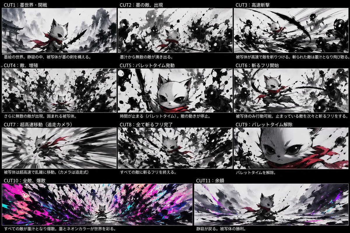 产品视觉 GPT Image 2 提示词：Ink Neon Cat Samurai Storyboard