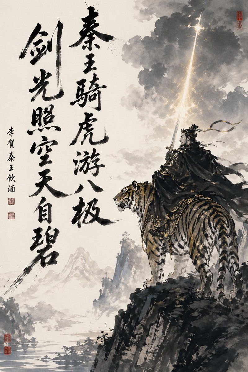 产品视觉 GPT Image 2 提示词：Ink-Wash Warrior Riding a Tiger