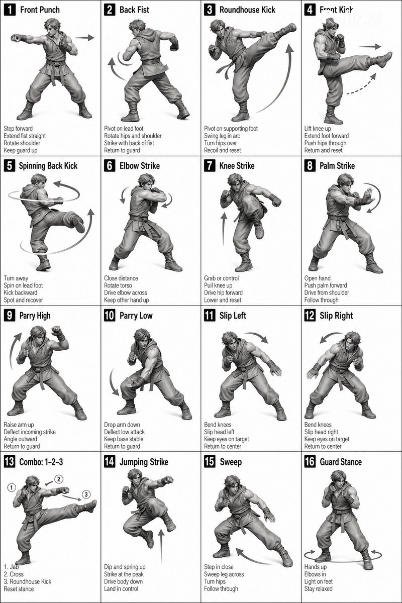 信息图 GPT Image 2 提示词：Instructional Martial Arts Movement Sheet