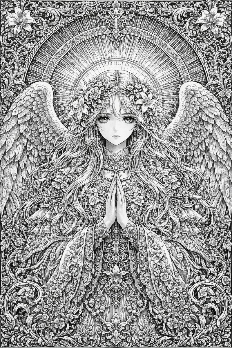 产品视觉 GPT Image 2 提示词：Intricate Monochrome Angel Line Art