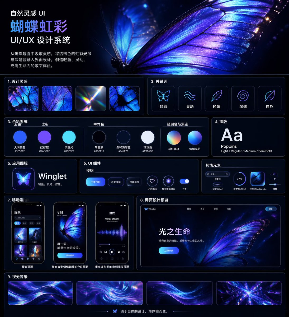 产品视觉 GPT Image 2 提示词：Iridescent Butterfly UI System Board