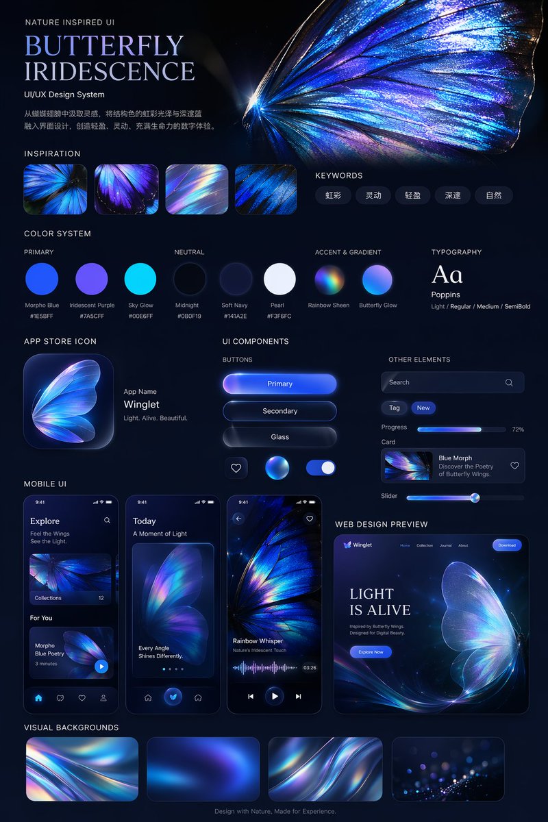 信息图 GPT Image 2 提示词：Iridescent Butterfly UI/UX Design System