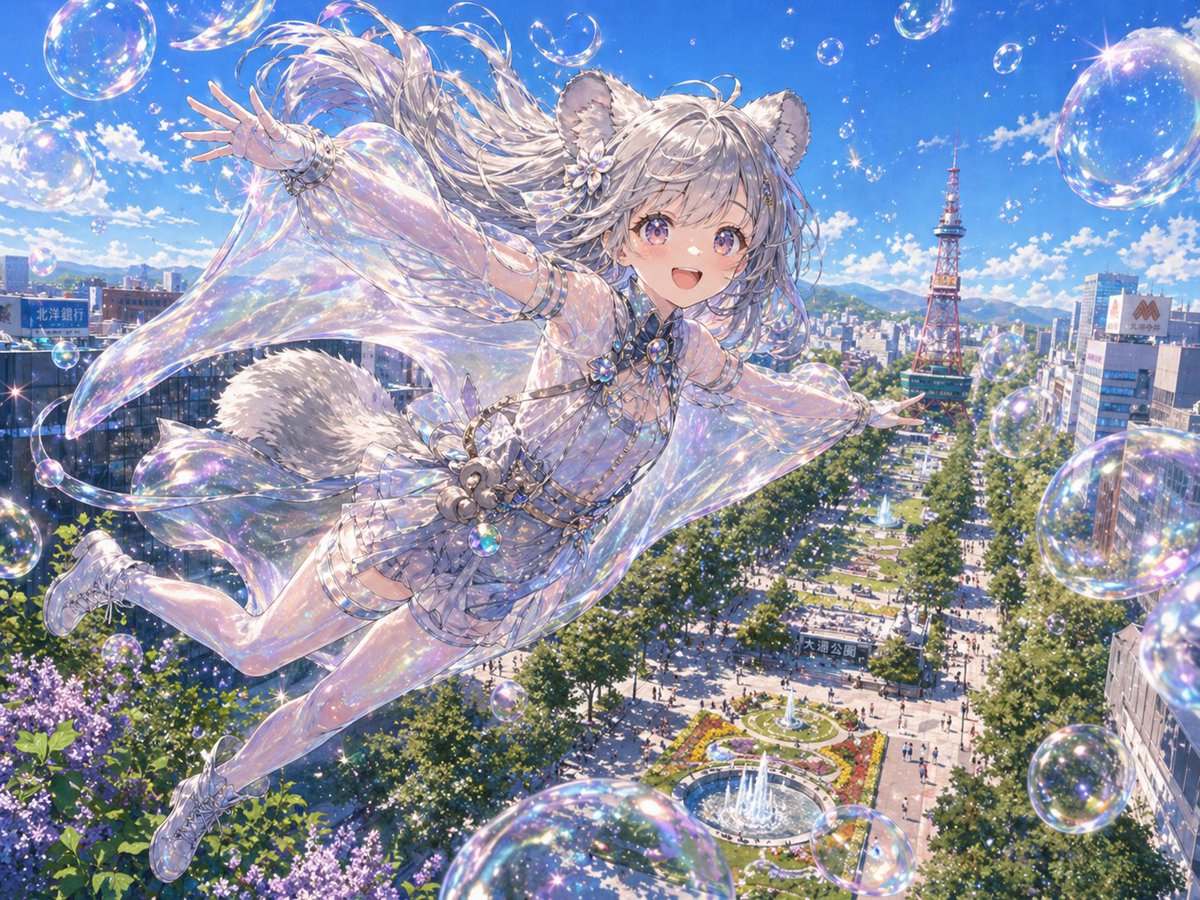 界面稿 GPT Image 2 提示词：Iridescent Squirrel Girl Above Sapporo