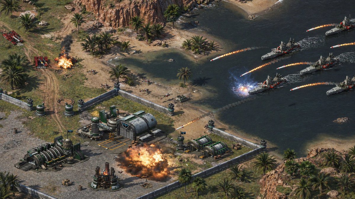 产品视觉 GPT Image 2 提示词：Isometric Coastal Base Under Naval Attack