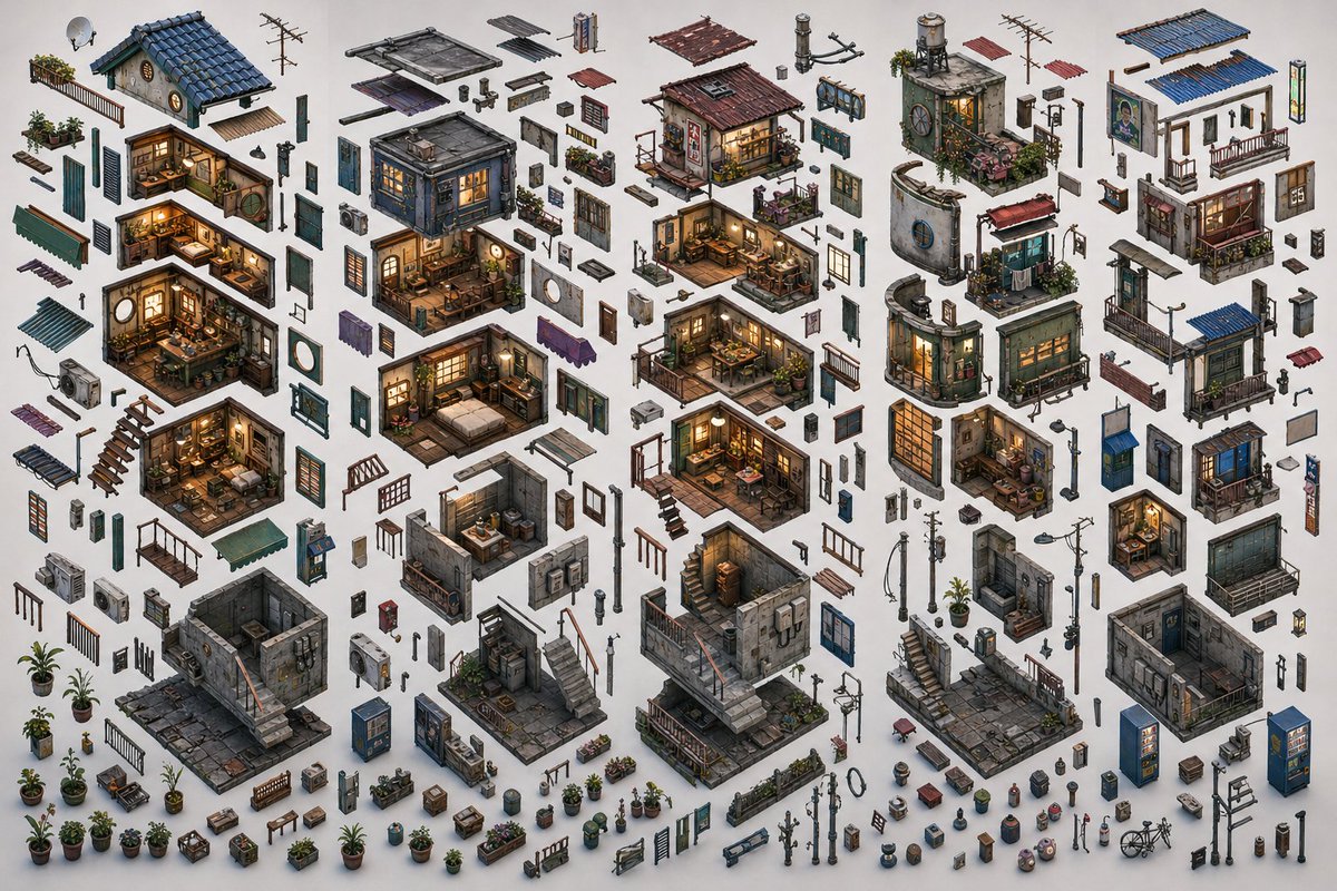 界面稿 GPT Image 2 提示词：Isometric Exploded Urban Asset Sheet