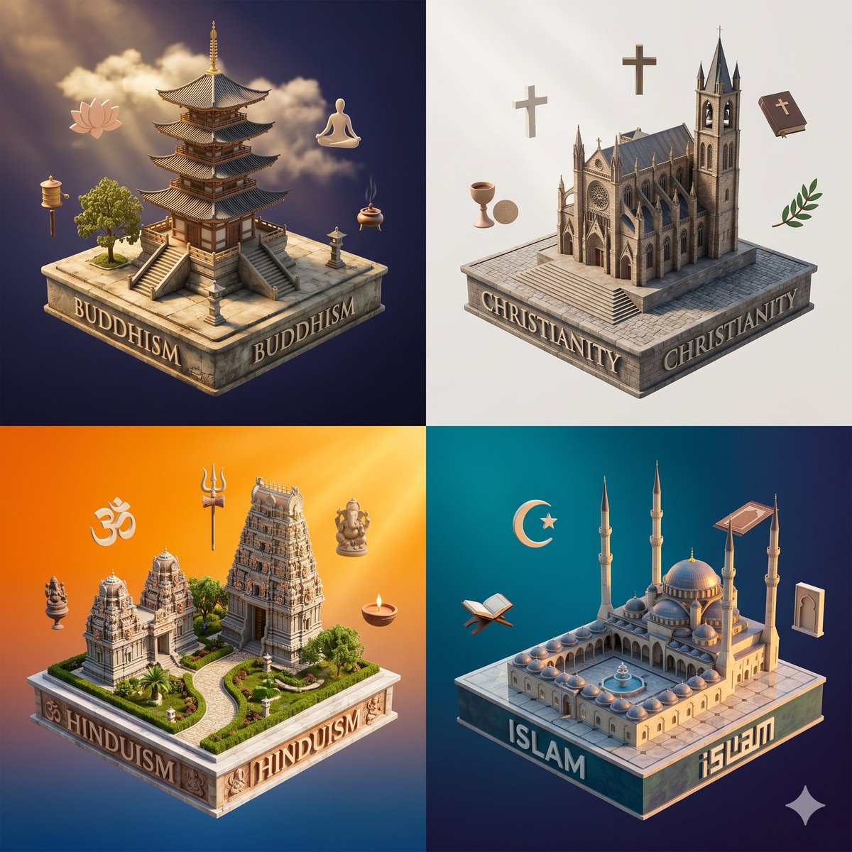 产品视觉 GPT Image 2 提示词：Isometric Religion Diorama Grid