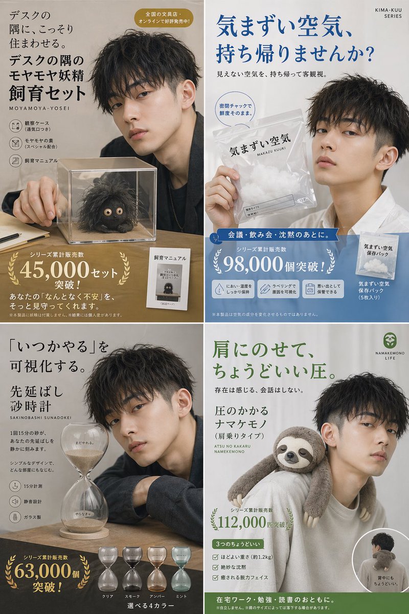 产品视觉 GPT Image 2 提示词：Japanese Absurd Lifestyle Ad Grid