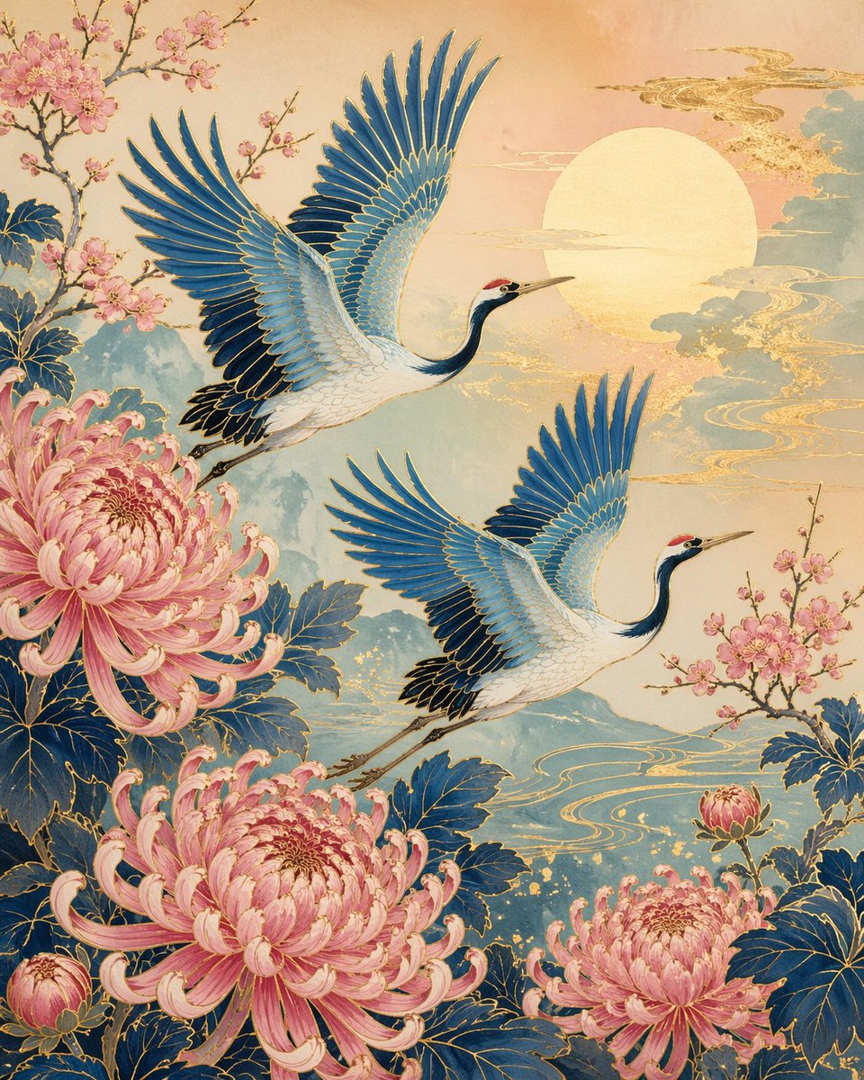 创意灵感 GPT Image 2 提示词：Japanese Crane and Chrysanthemum Art