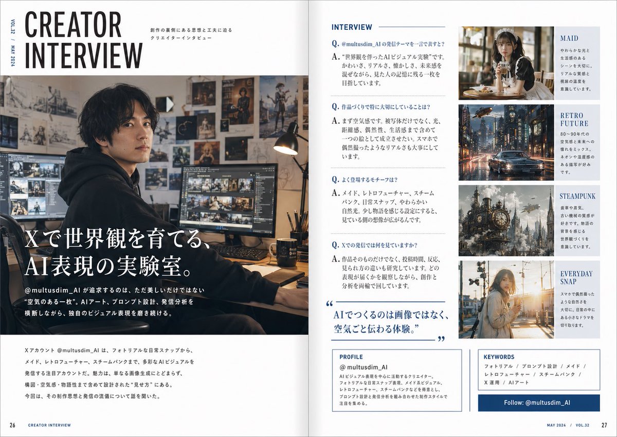 产品视觉 GPT Image 2 提示词：Japanese Creator Interview Magazine Spread