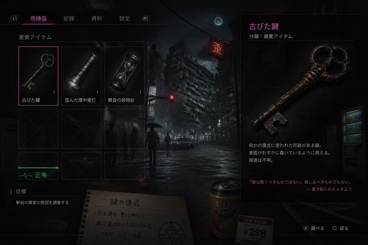 界面稿 GPT Image 2 提示词：Japanese Horror Game Inventory Screen
