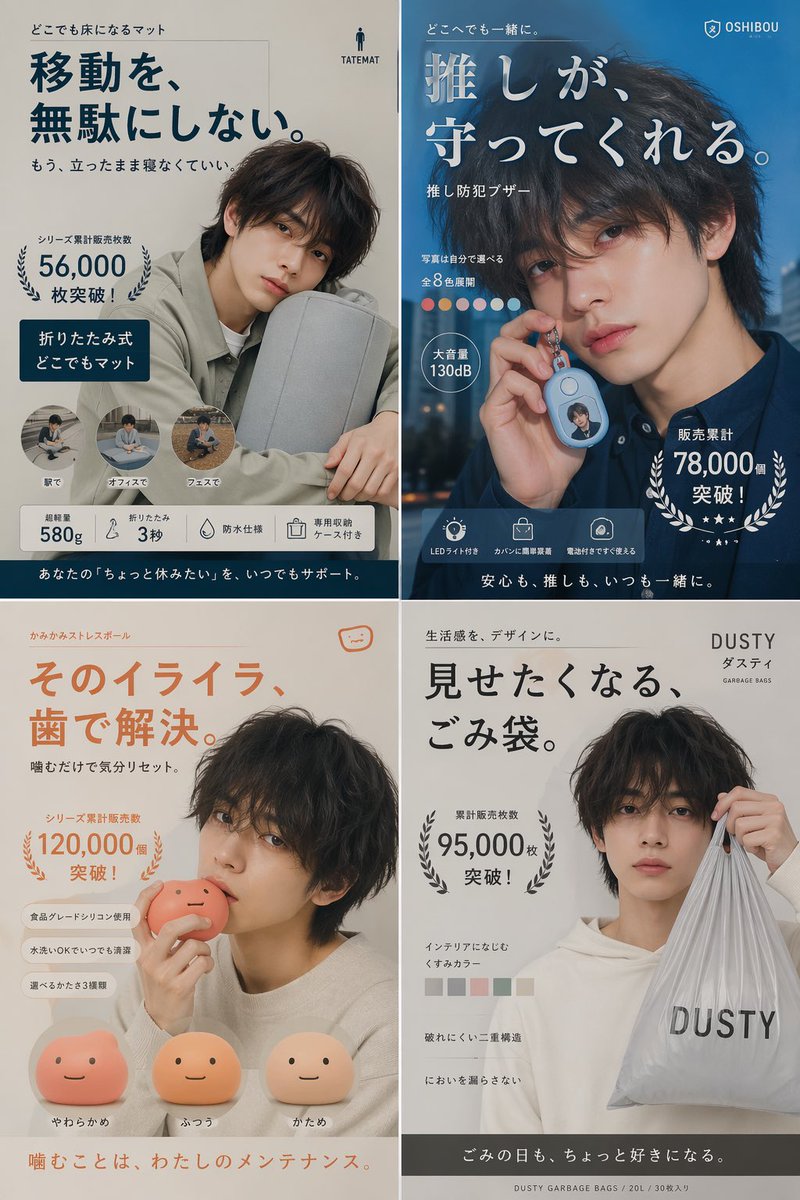 产品视觉 GPT Image 2 提示词：Japanese Ikemen Product Ad Grid