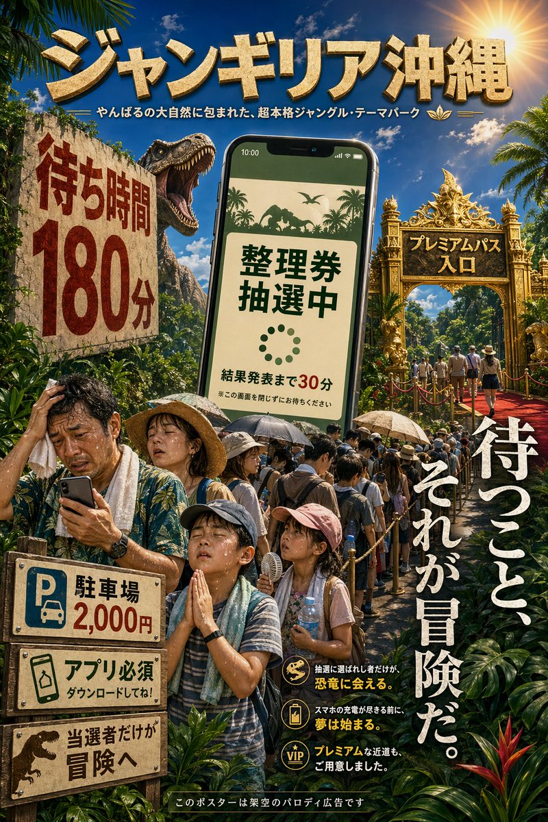 产品视觉 GPT Image 2 提示词：Japanese Jungle Theme Park Parody Poster