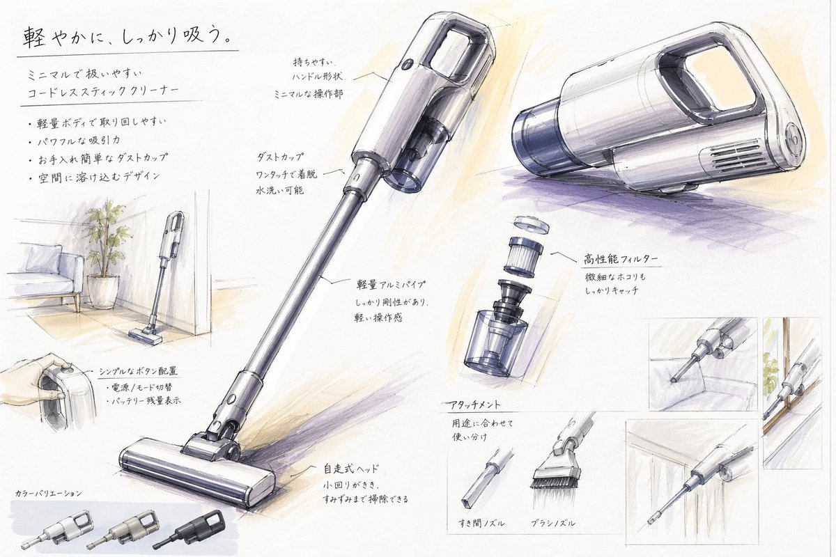 产品视觉 GPT Image 2 提示词：Japanese Vacuum Design Sketch Board