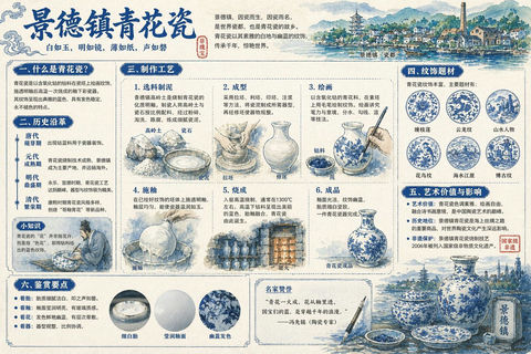 信息图 GPT Image 2 提示词：景德镇青花瓷全景解说图谱