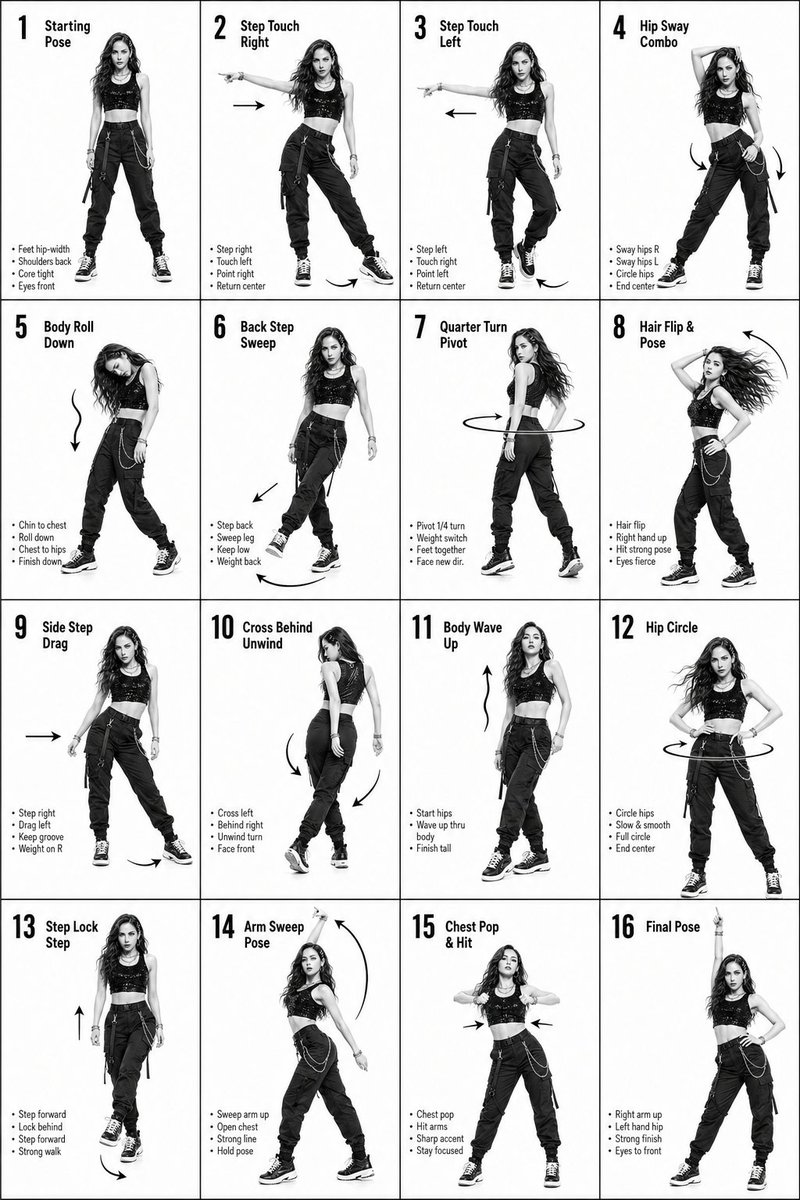 界面稿 GPT Image 2 提示词：K-Pop Dance 16-Step Instruction Sheet