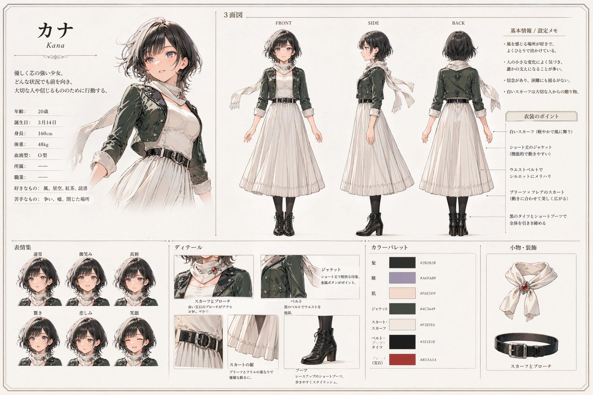 产品视觉 GPT Image 2 提示词：Kana Anime Character Reference Sheet