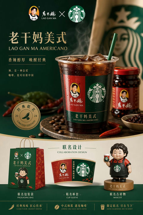 产品视觉 GPT Image 2 提示词：老干妈星巴克高端联名运营图