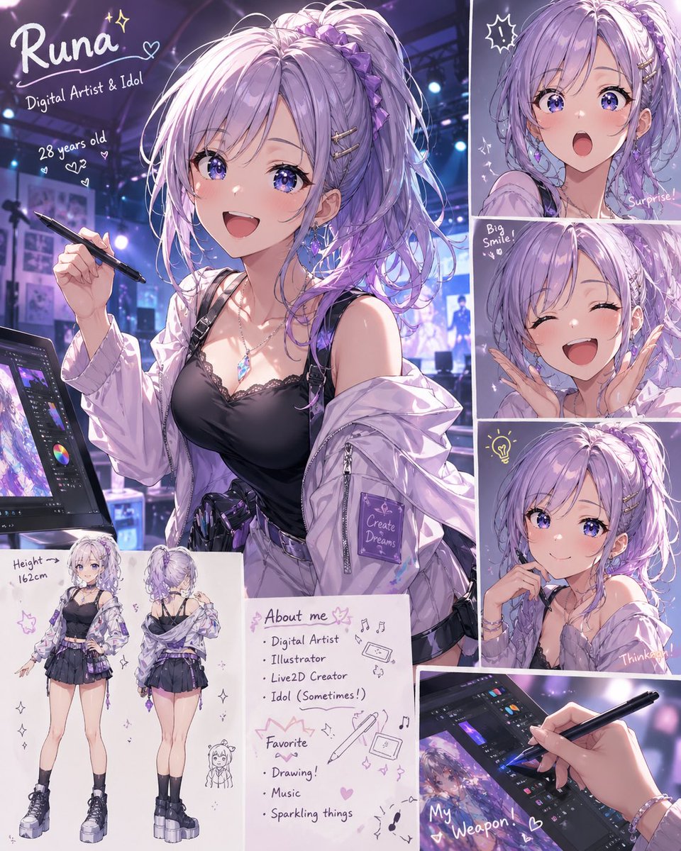 角色设定 GPT Image 2 提示词：Lavender Anime Artist Profile Sheet