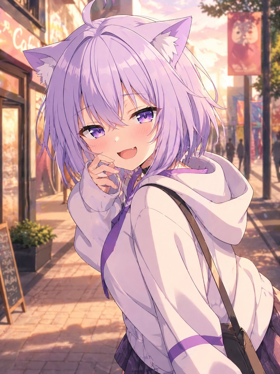 角色设定 GPT Image 2 提示词：Lavender Catgirl at Sunset Street