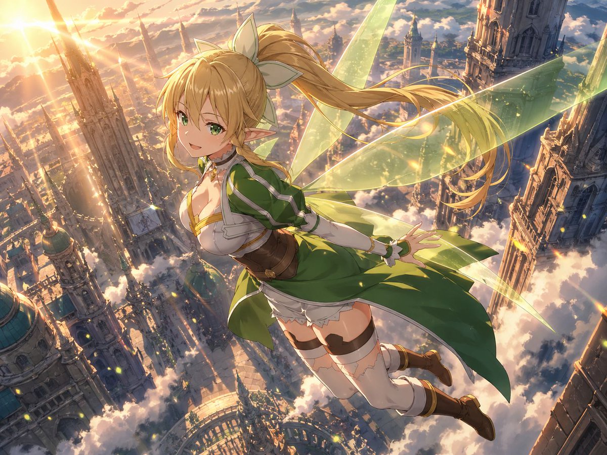 界面稿 GPT Image 2 提示词：Leafa Flying Above a Golden Sky City