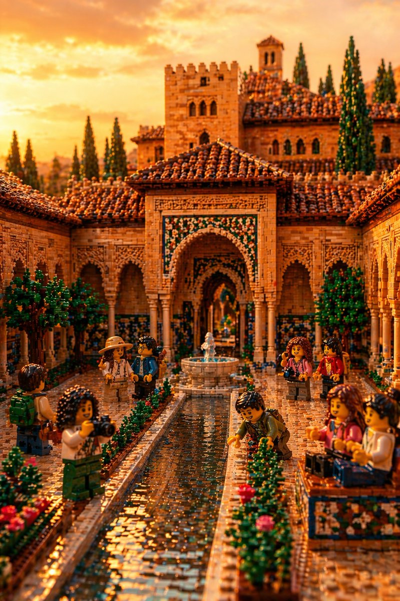界面稿 GPT Image 2 提示词：LEGO Alhambra Courtyard at Sunset