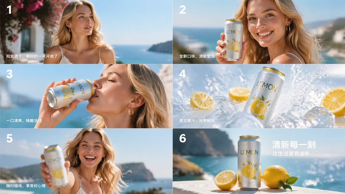 产品视觉 GPT Image 2 提示词：Lemon Drink Ad Storyboard