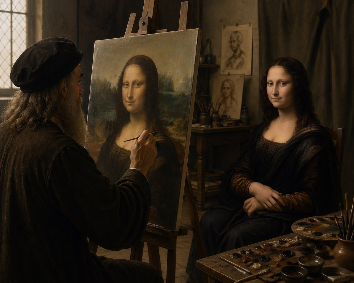 界面稿 GPT Image 2 提示词：Leonardo Painting the Mona Lisa