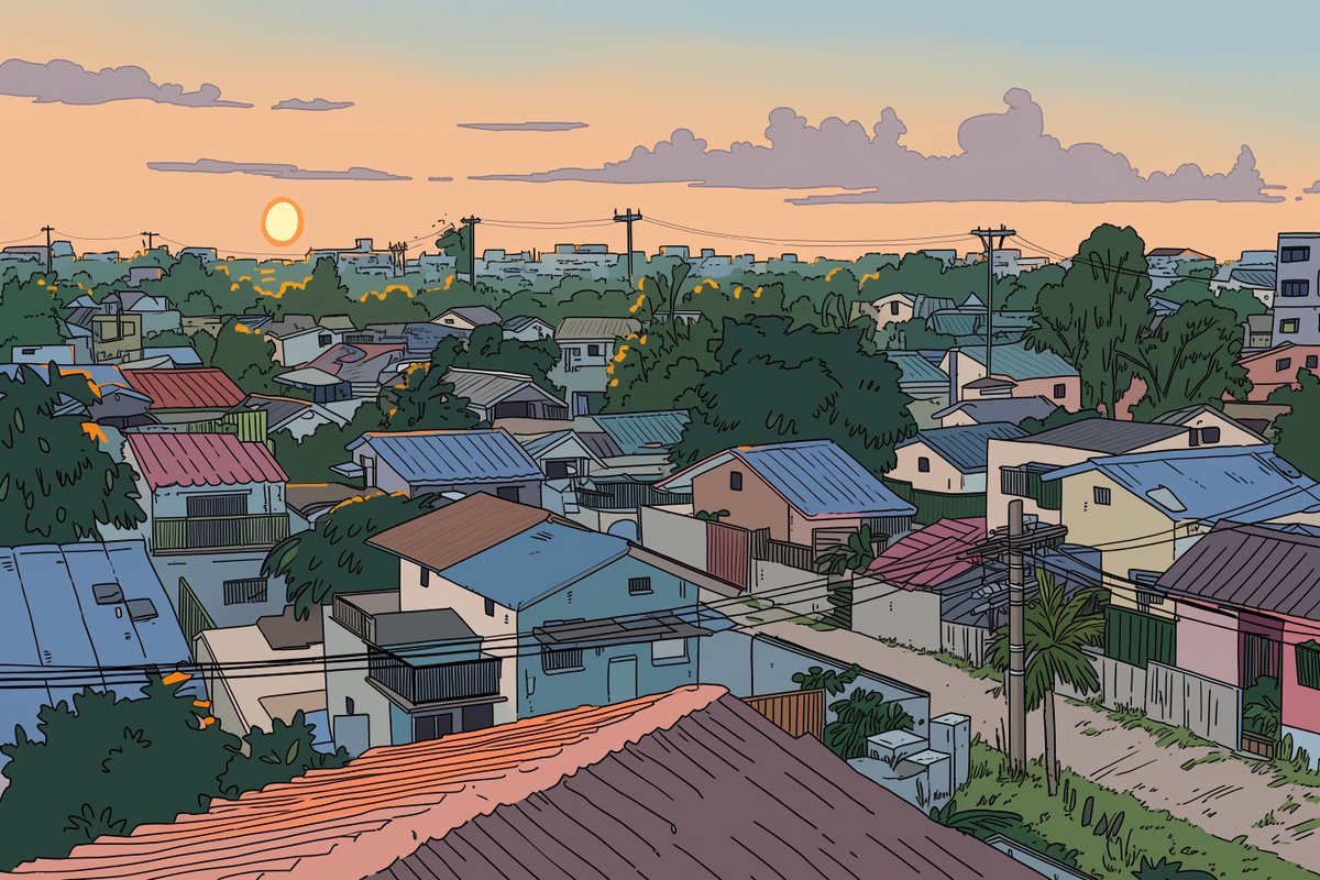 产品视觉 GPT Image 2 提示词：Ligne Claire Suburban Landscape