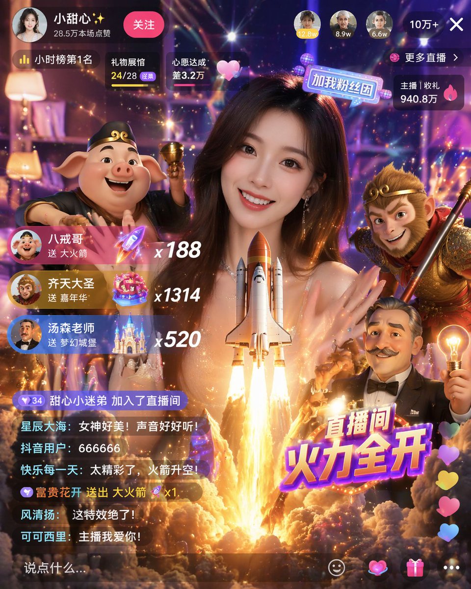 界面稿 GPT Image 2 提示词：Live Stream UI Mockup with 3D Effects