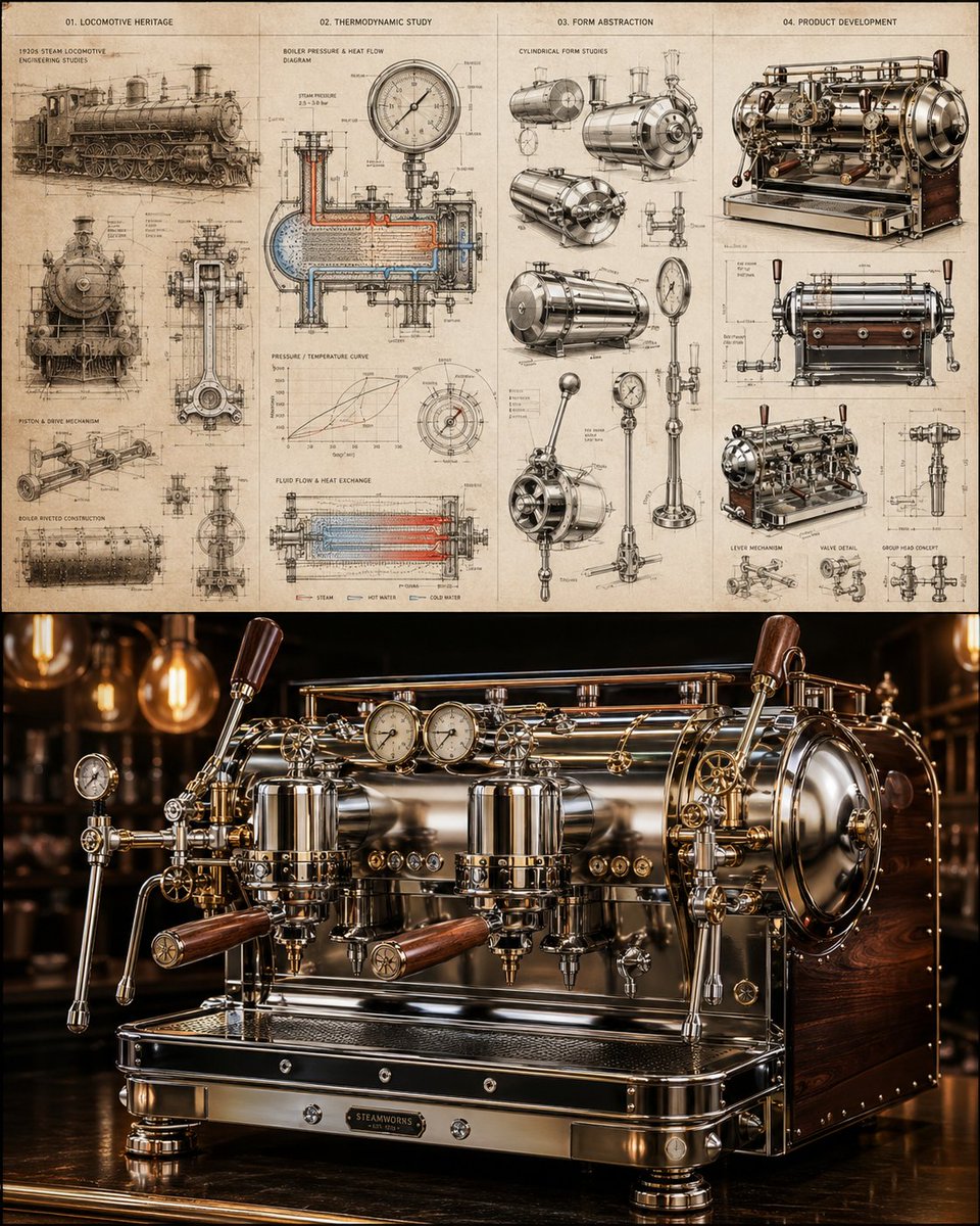 产品视觉 GPT Image 2 提示词：Locomotive-Inspired Espresso Machine Design