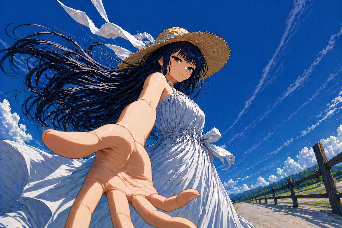 角色设定 GPT Image 2 提示词：Low-Angle Anime Summer Hand Reach