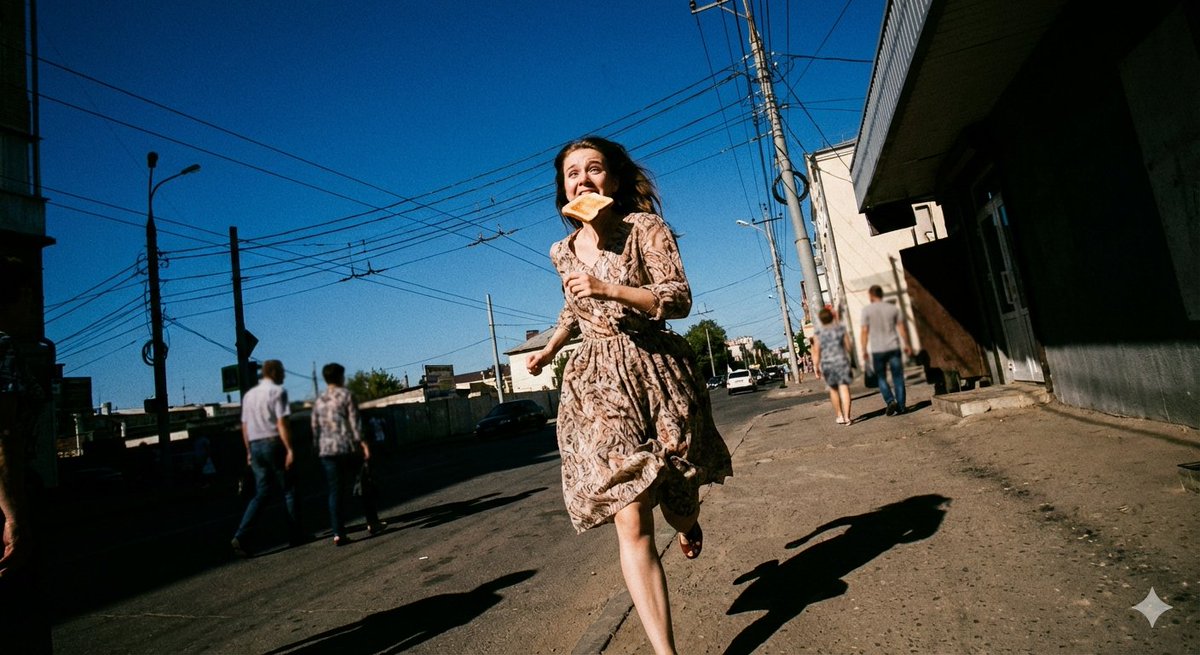 产品视觉 GPT Image 2 提示词：Low-Angle Running Woman Street Photo