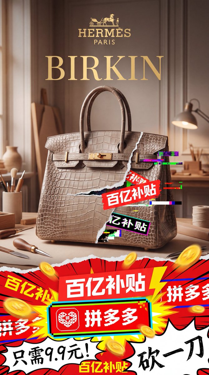 产品视觉 GPT Image 2 提示词：Luxury Bag Meets Discount Chaos Poster