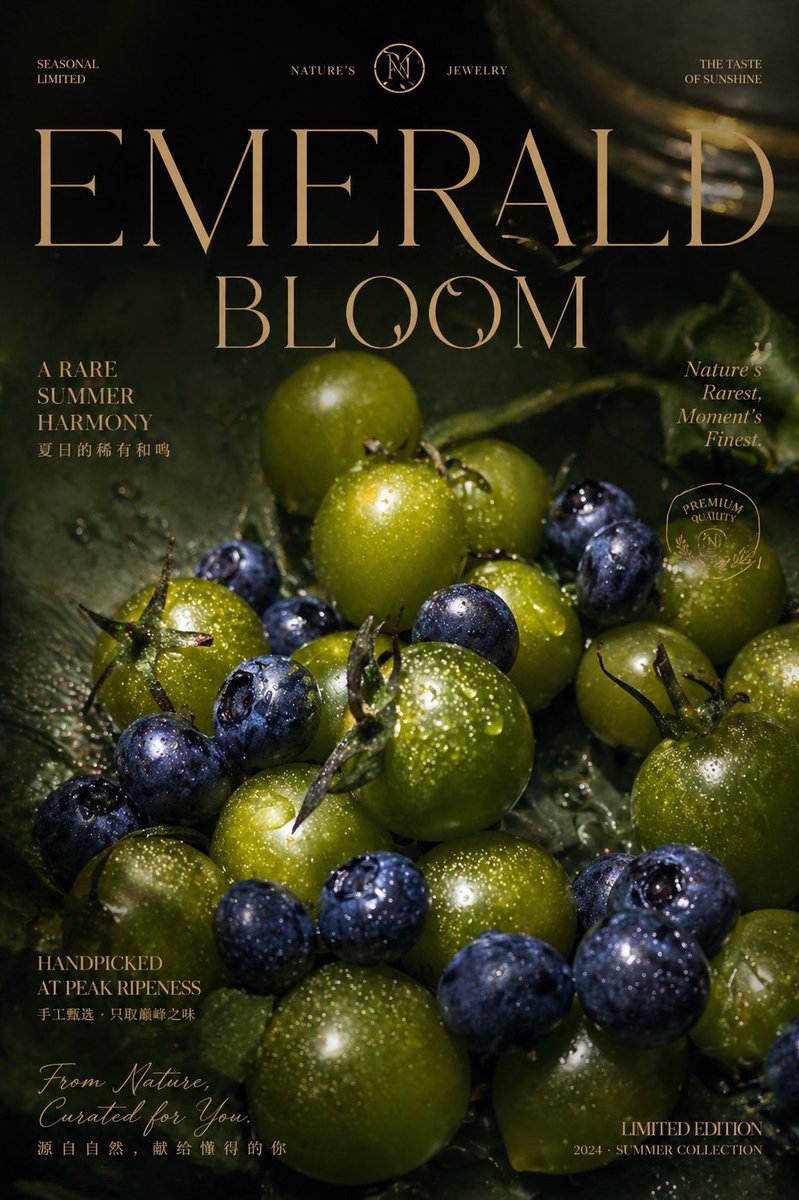 产品视觉 GPT Image 2 提示词：Luxury Emerald Bloom Fruit Poster